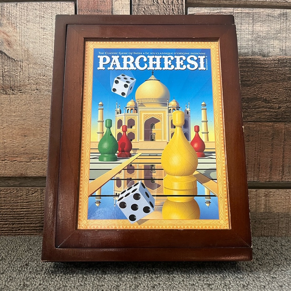 Parcheesi Vintage Game Collection MB Hasbro Wooden Bookshelf Box PLAYED ONCE!!!!